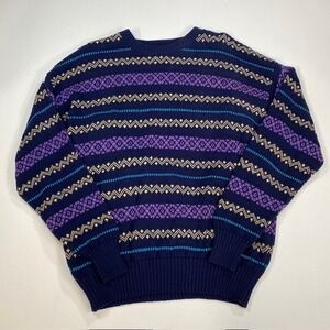 Lake Harmony Vintage Navy Blue Geometric Pattern‎ Cotton Sweater Mens Size L